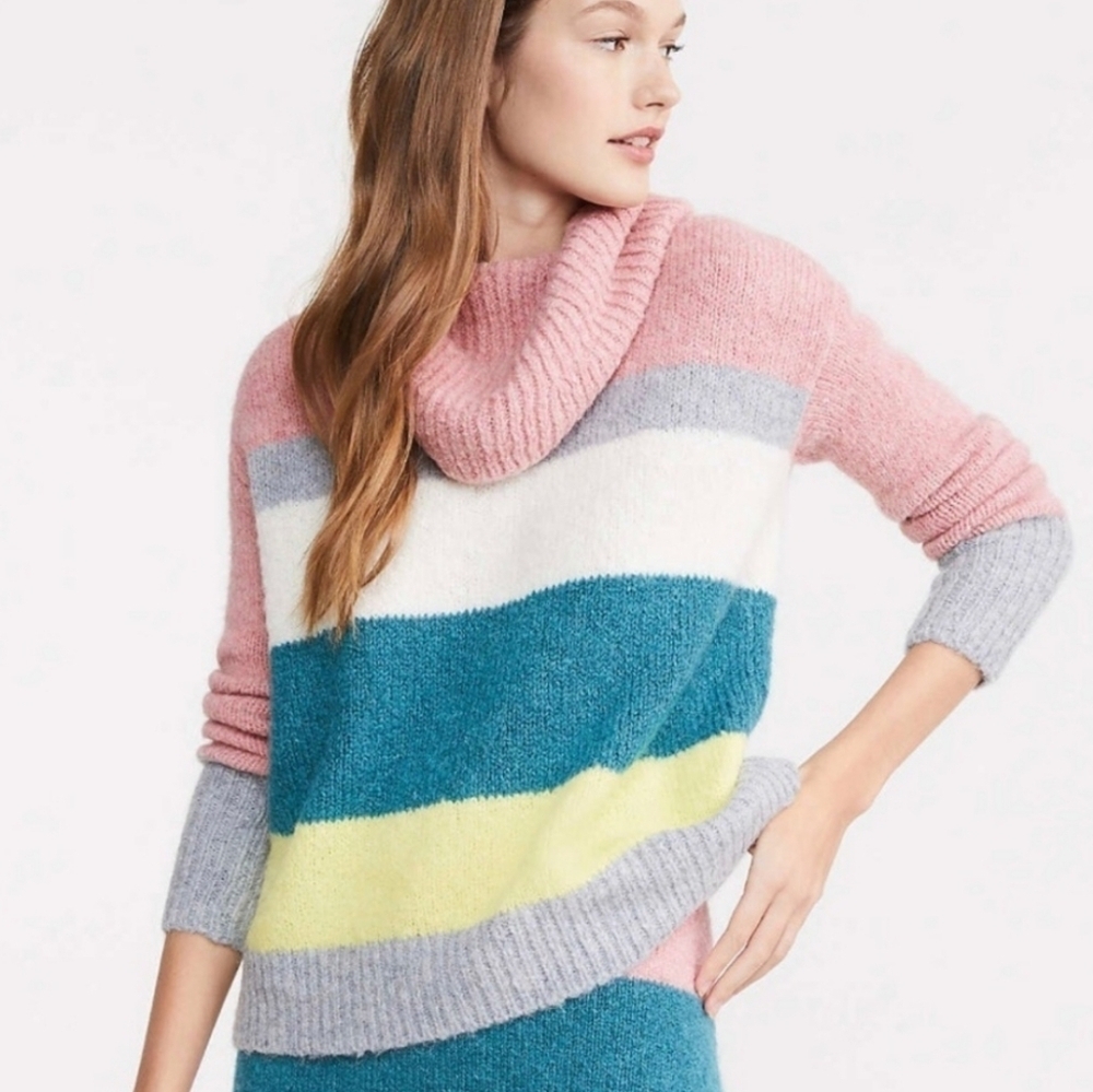 New Lou & Grey For Loft Plushfuzz Turtleneck Striped Sweater Sz Medium